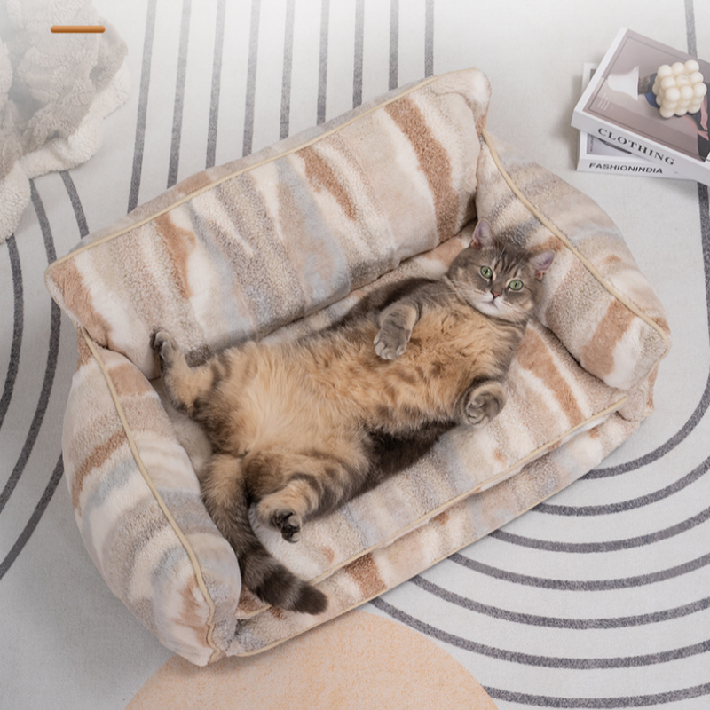 Beige & Brown Striped Faux Lambswool Pet Sofa Bed