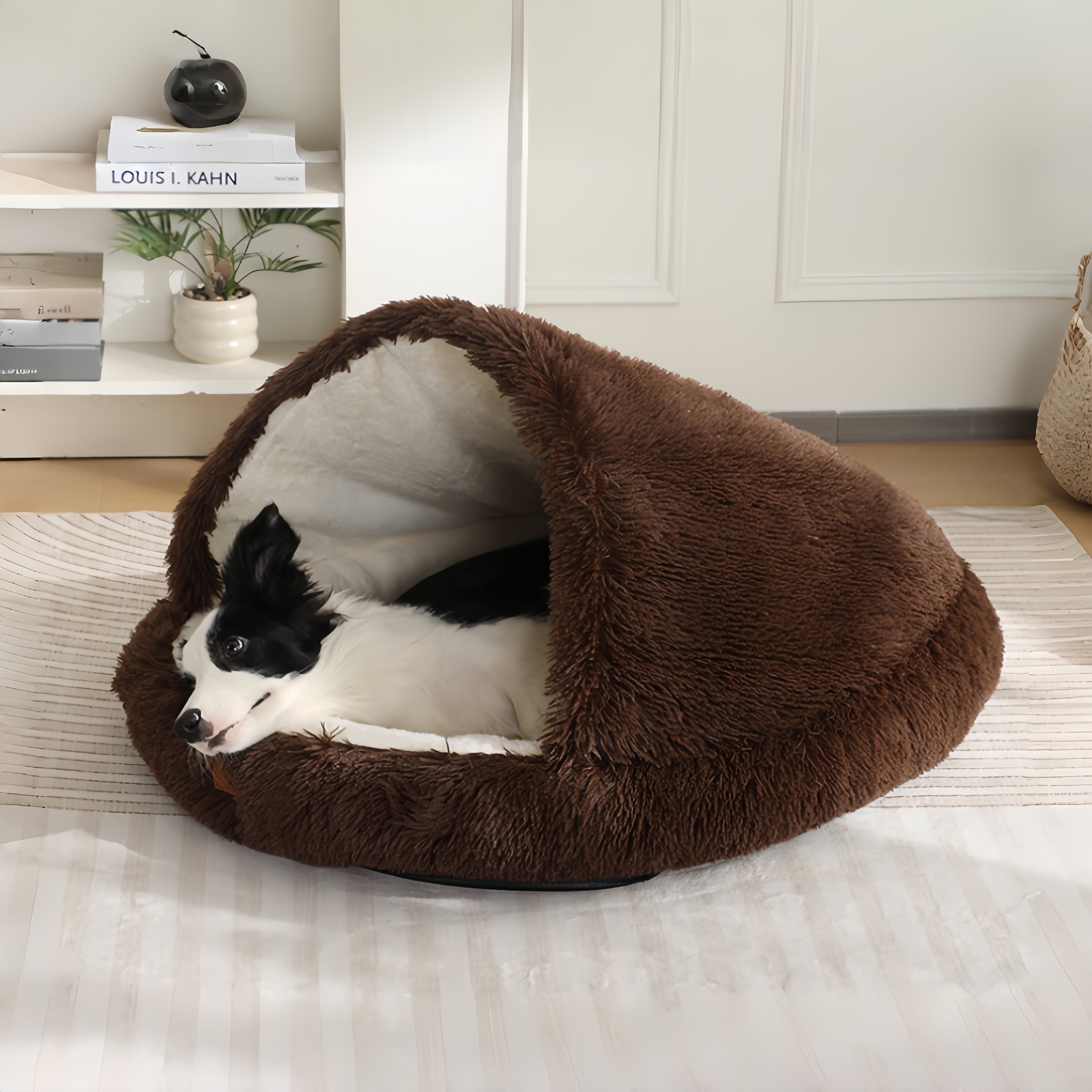 Furry Semi-Enclosed Hooded Dog Calming Bed-Dark Coffee