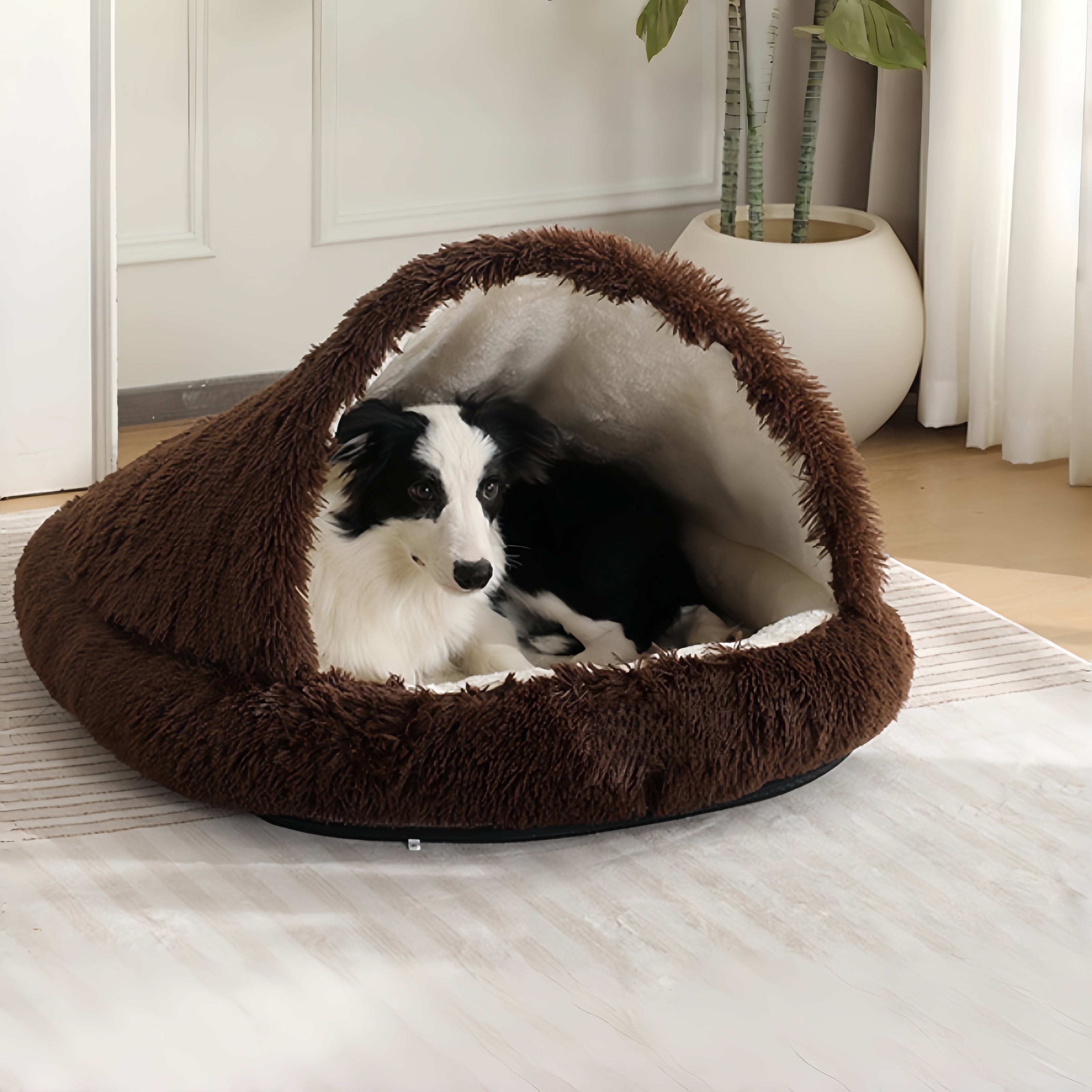 Furry Semi-Enclosed Hooded Dog Calming Bed-Dark Coffee