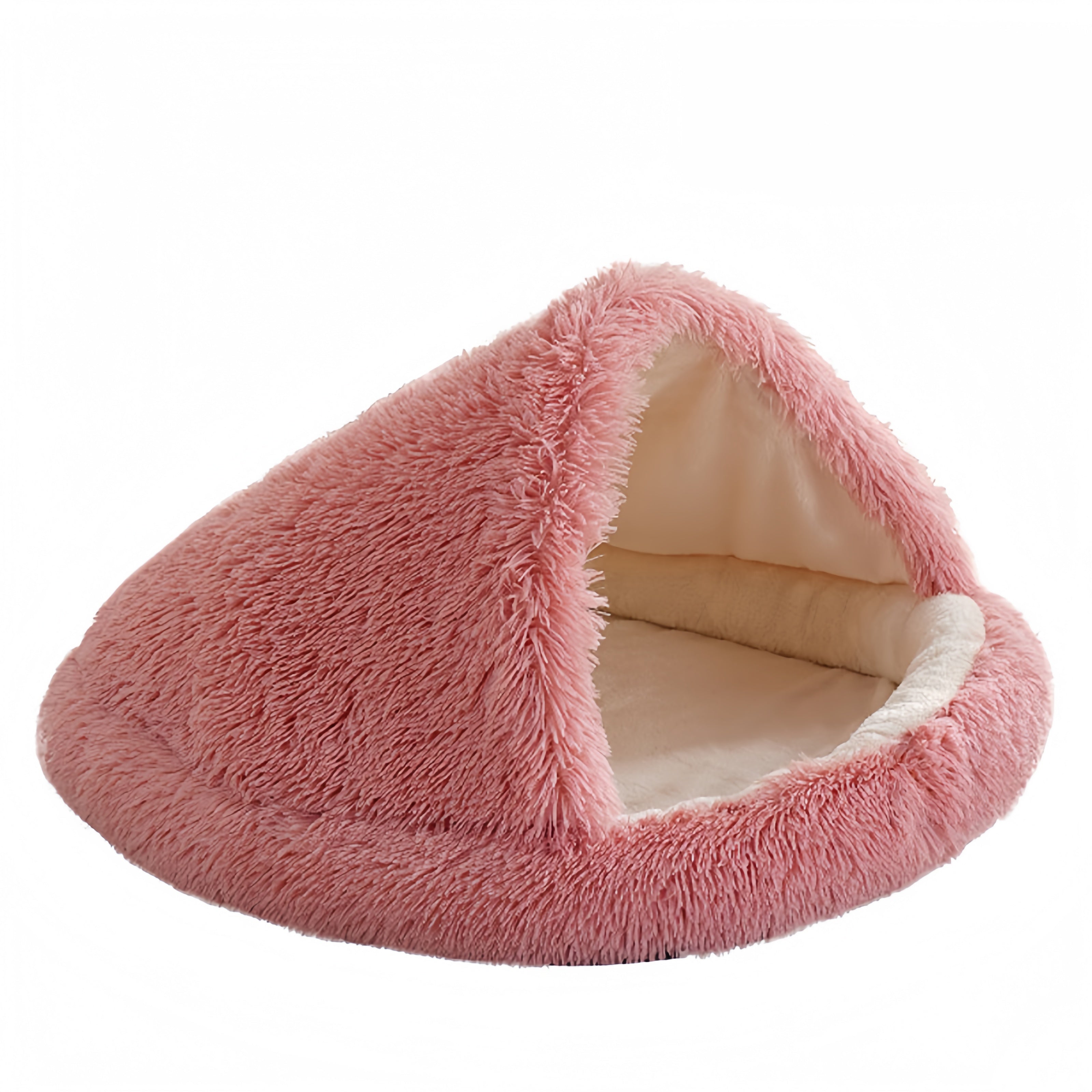 Furry Semi-Enclosed Hooded Dog Calming Bed-Peach Pink