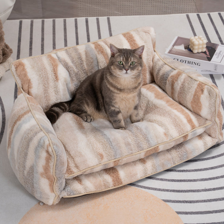 Beige & Brown Striped Faux Lambswool Pet Sofa Bed