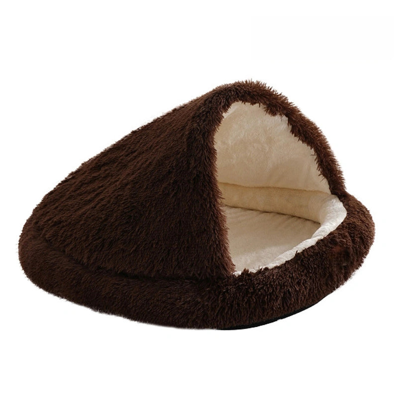 Furry Semi-Enclosed Hooded Dog Calming Bed-Dark Coffee