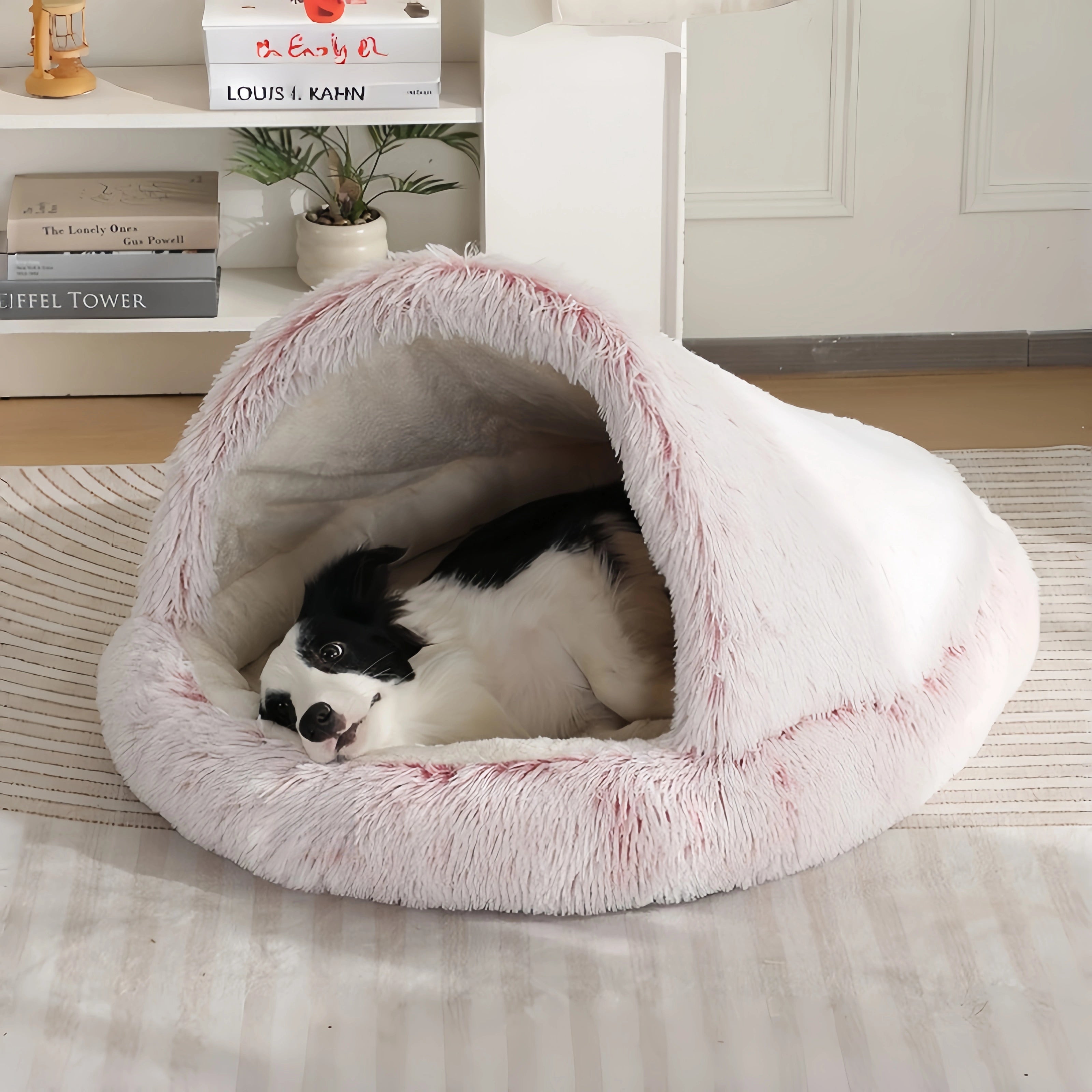 Furry Semi-Enclosed Hooded Dog Calming Bed-Pink