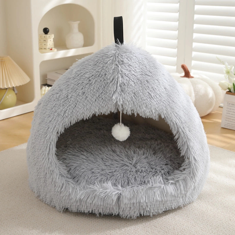 Long Plush Warm Hideaway Cat Cave Dog Bed