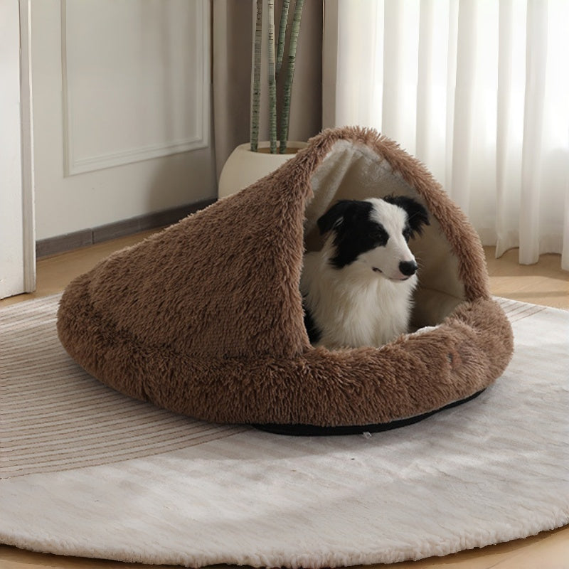Furry Semi-Enclosed Hooded Dog Calming Bed-Dark Brown