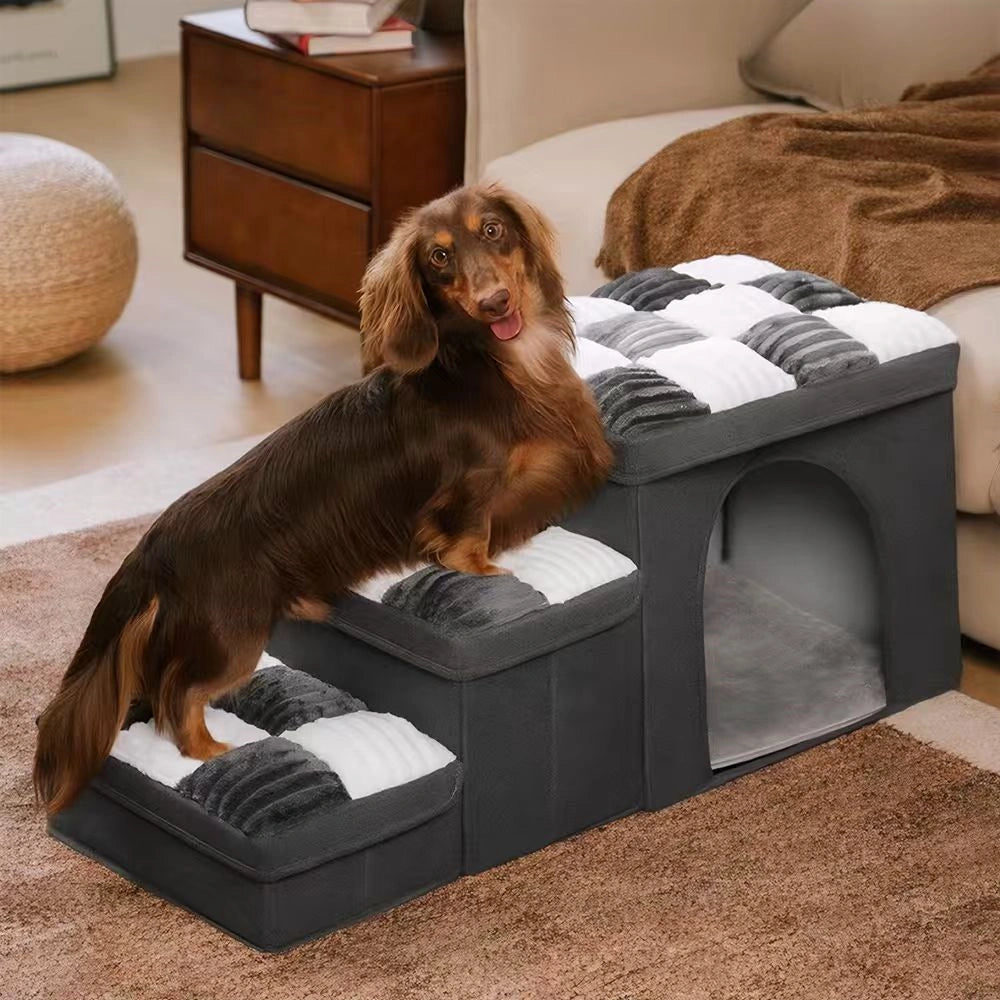 Multifunctional and Foldable Plaid Dog Stairs with Storage