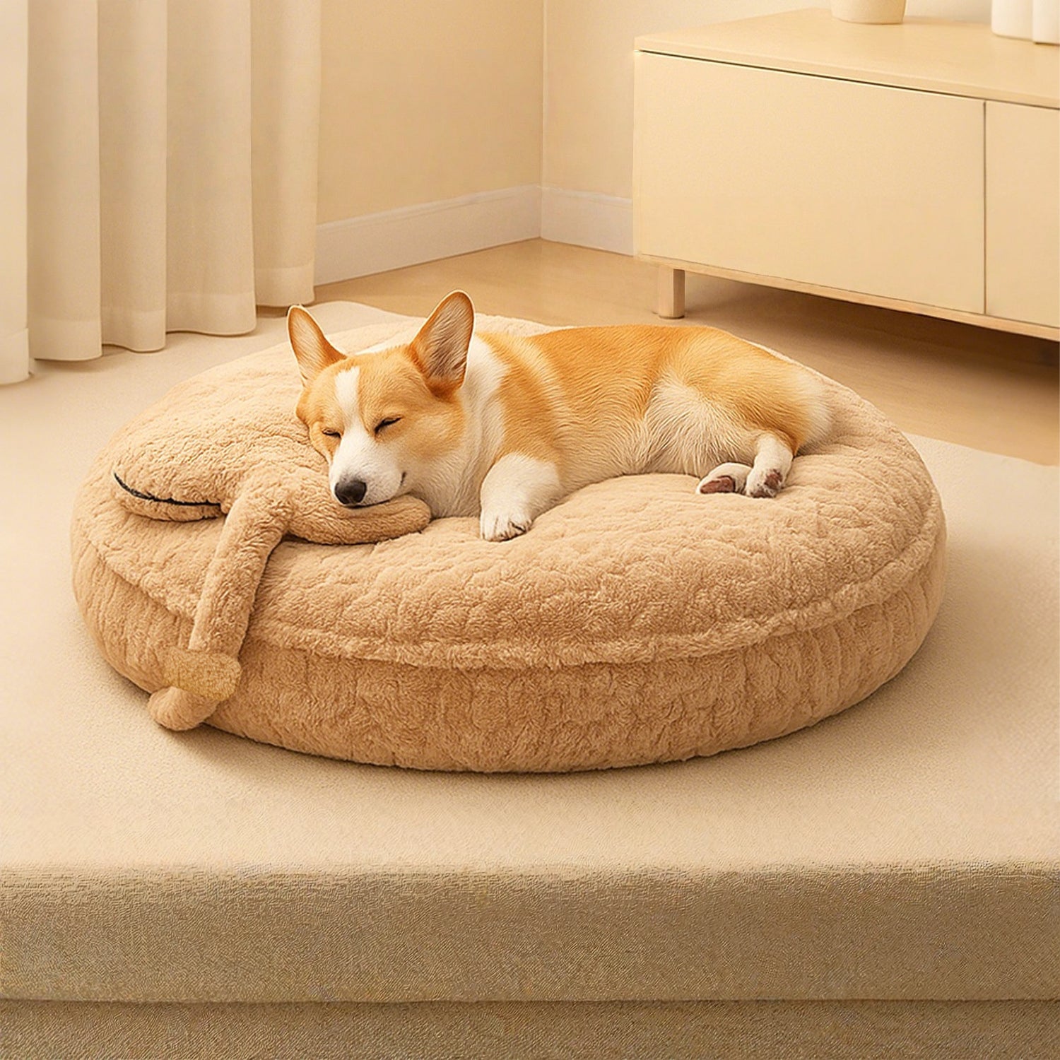 Faux Fur Round Pet Padding Bed with Pillow