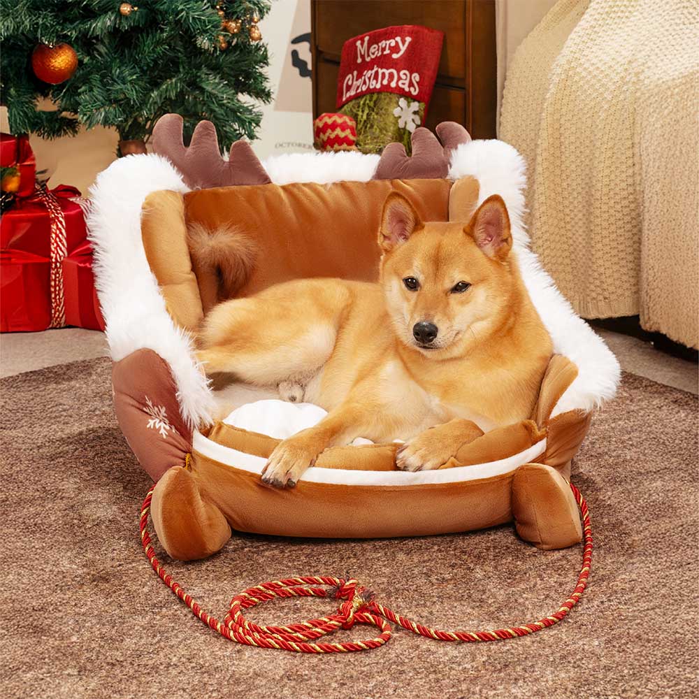 Christmas Sleigh Cozy Dog Bed-Brown