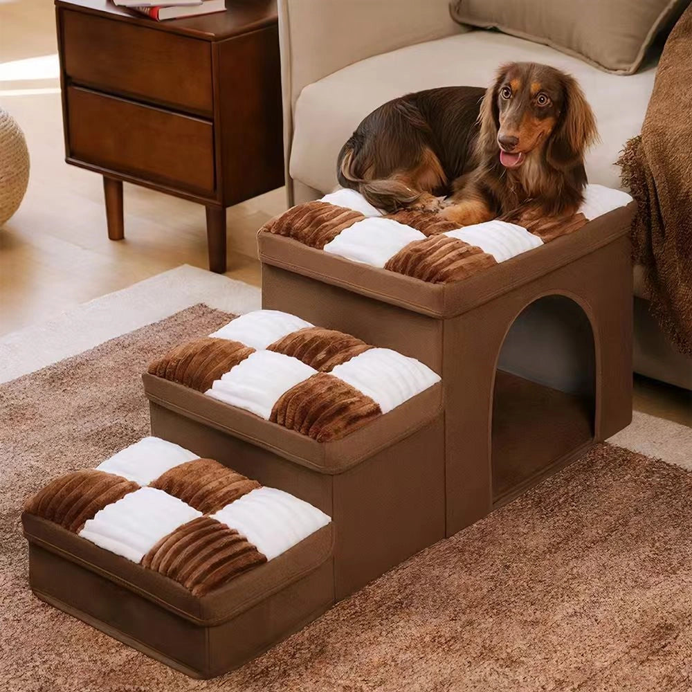 Multifunctional and Foldable Plaid Dog Stairs with Storage