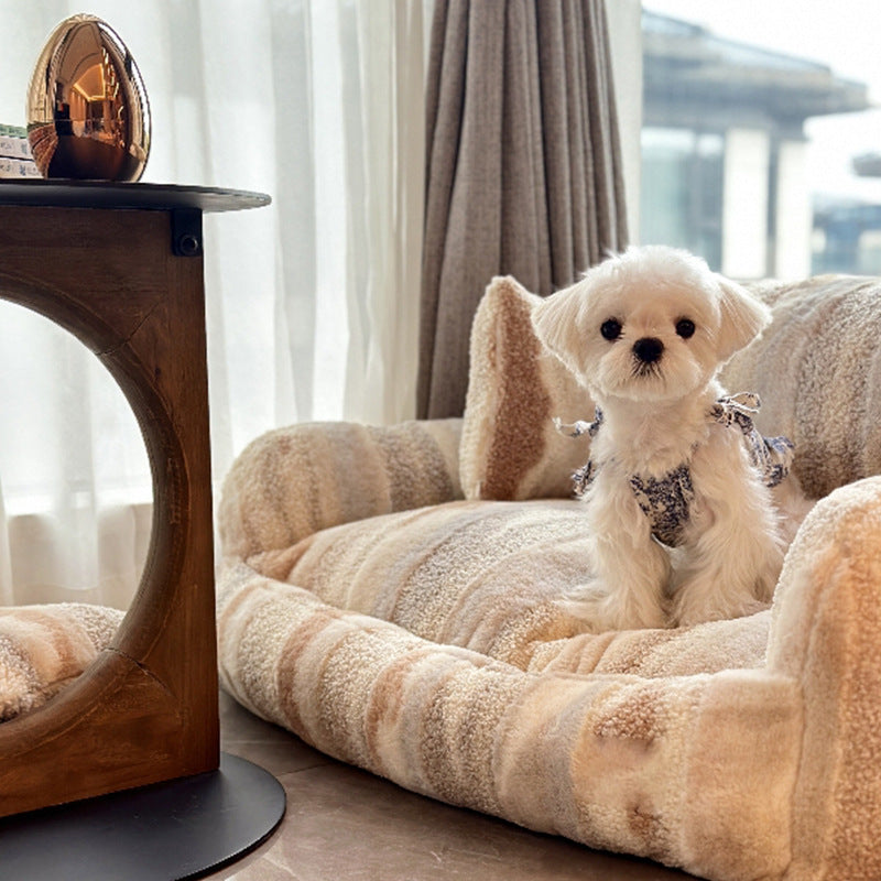 Beige & Brown Striped Faux Lambswool Pet Sofa Bed