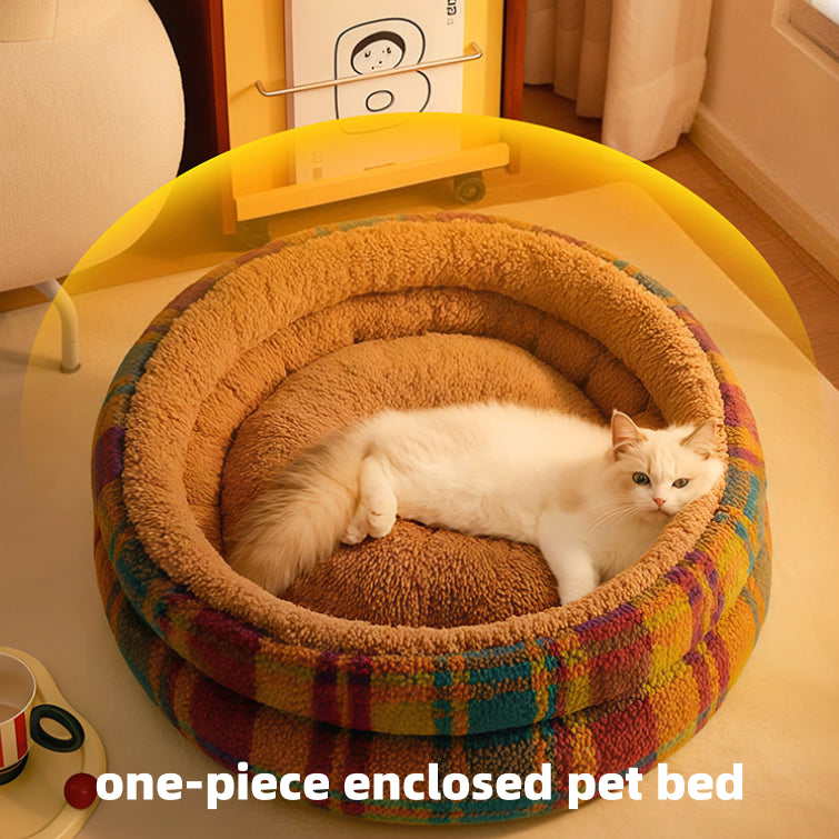 Vintage Plaid Faux Lambswool Round Pet Bed