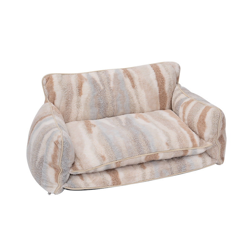 Beige & Brown Striped Faux Lambswool Pet Sofa Bed