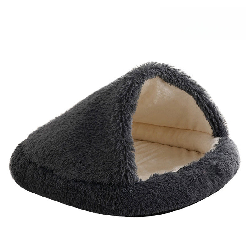 Furry Semi-Enclosed Hooded Dog Calming Bed-Dark Grey