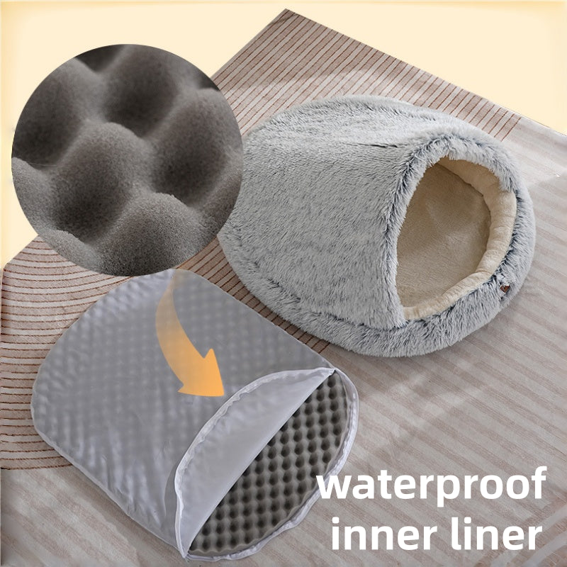 Furry Semi-Enclosed Hooded Dog Calming Bed-Brown