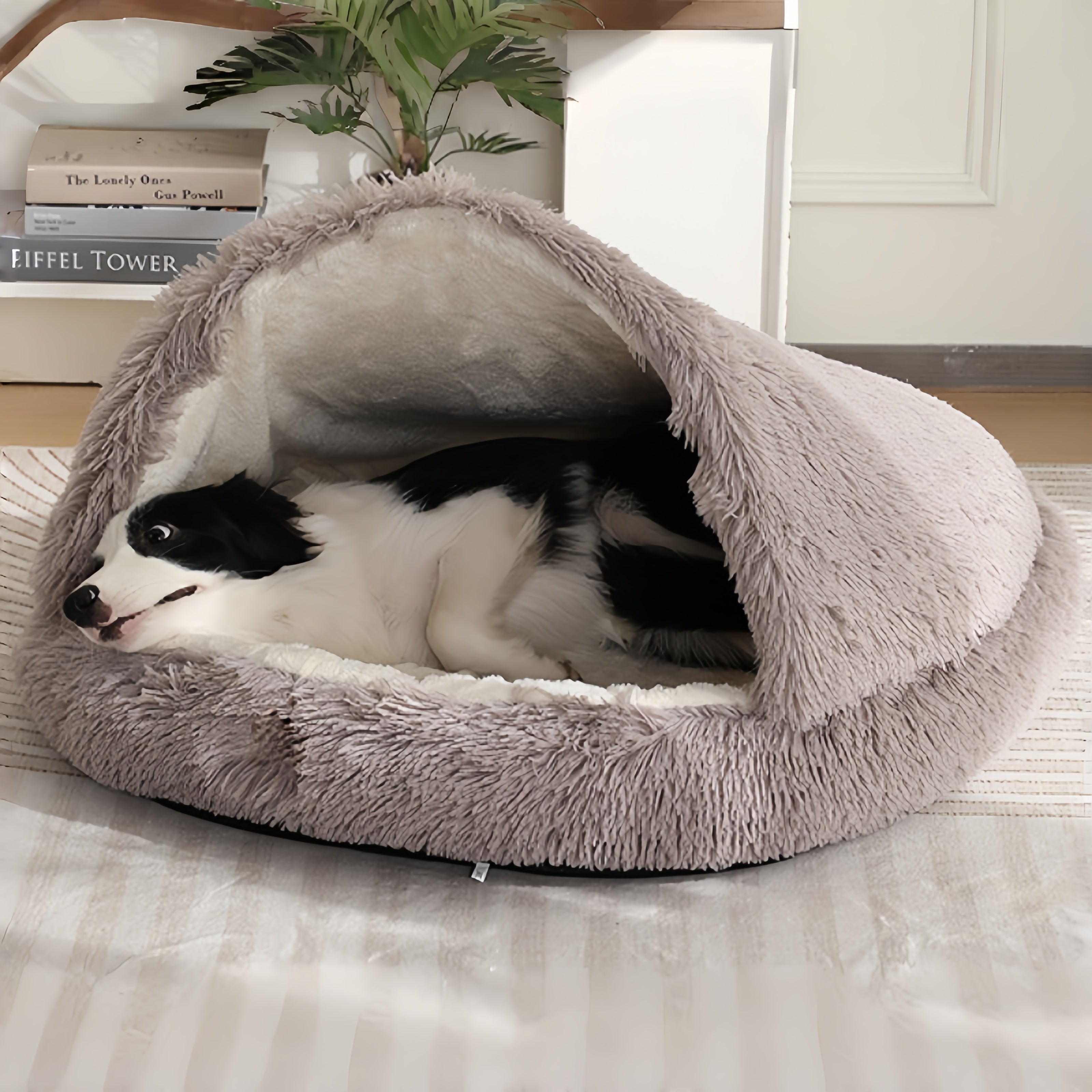 Furry Semi-Enclosed Dog Calming Bed-Brown