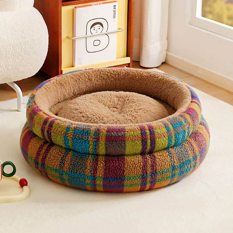 Vintage Plaid Faux Lambswool Round Pet Bed