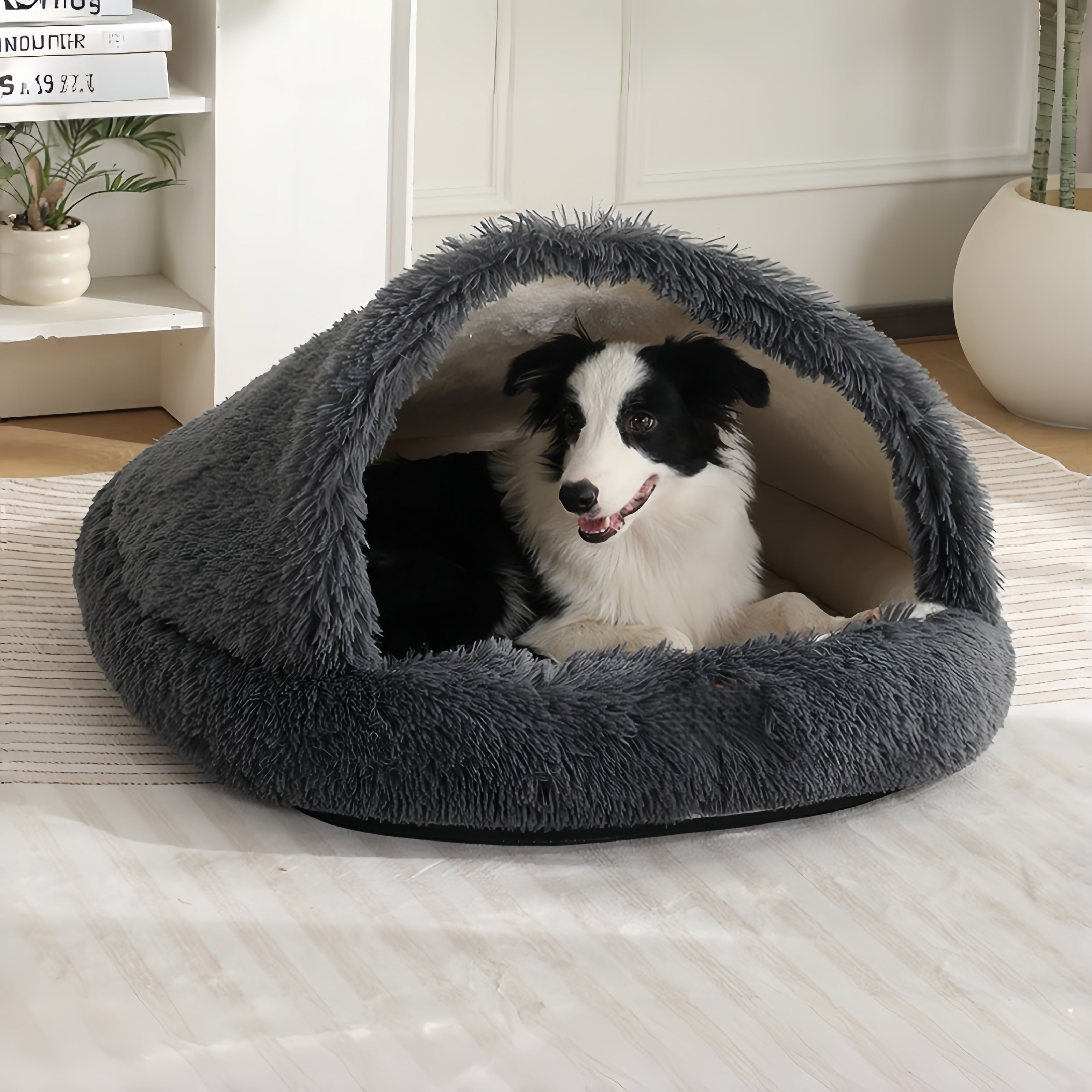 Furry Semi-Enclosed Hooded Dog Calming Bed-Dark Grey