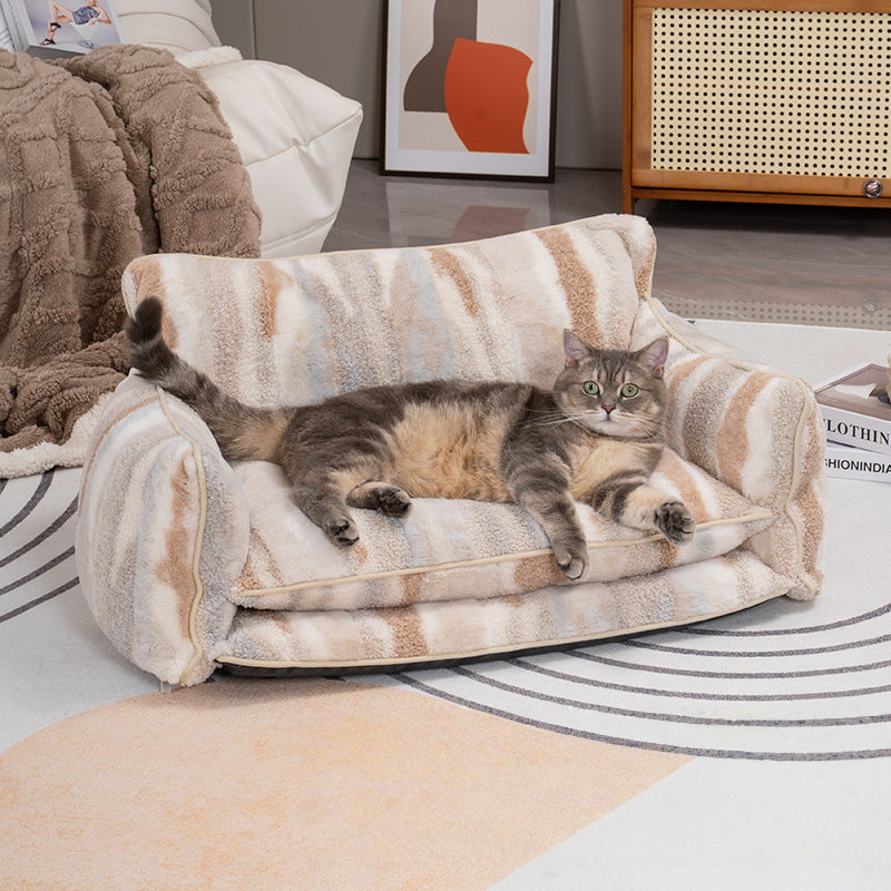 Beige & Brown Striped Faux Lambswool Pet Sofa Bed