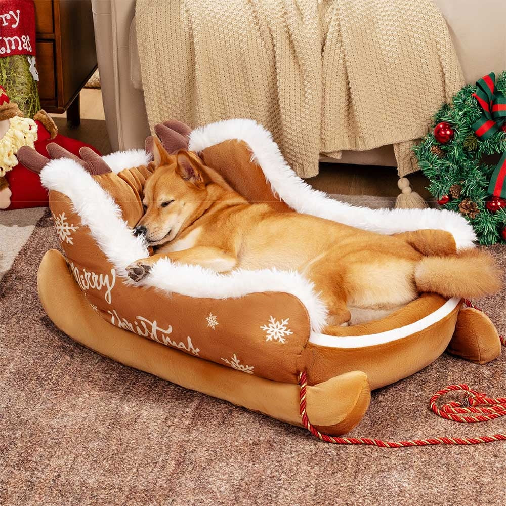 Christmas Sleigh Cozy Dog Bed-Brown