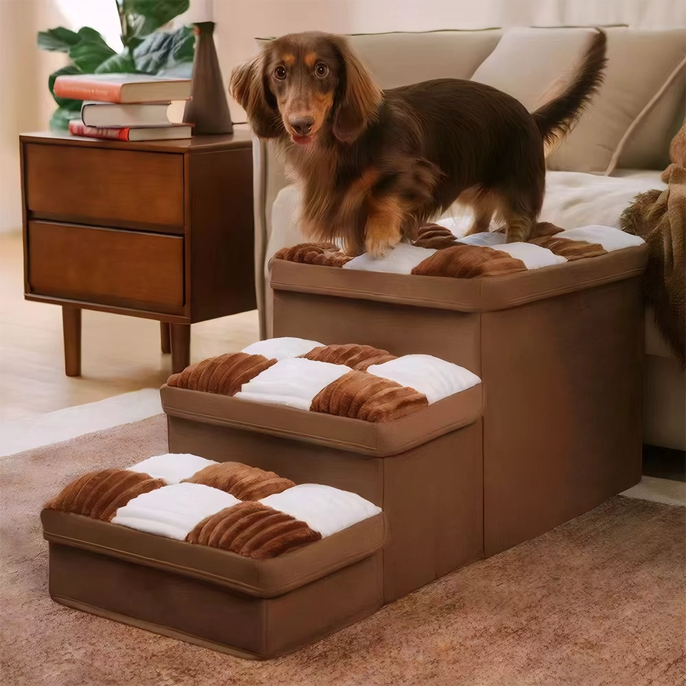 Multifunctional and Foldable Plaid Dog Stairs with Storage
