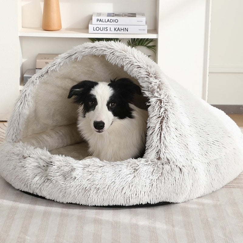 Furry Semi-Enclosed Hooded Dog Calming Bed-Beige