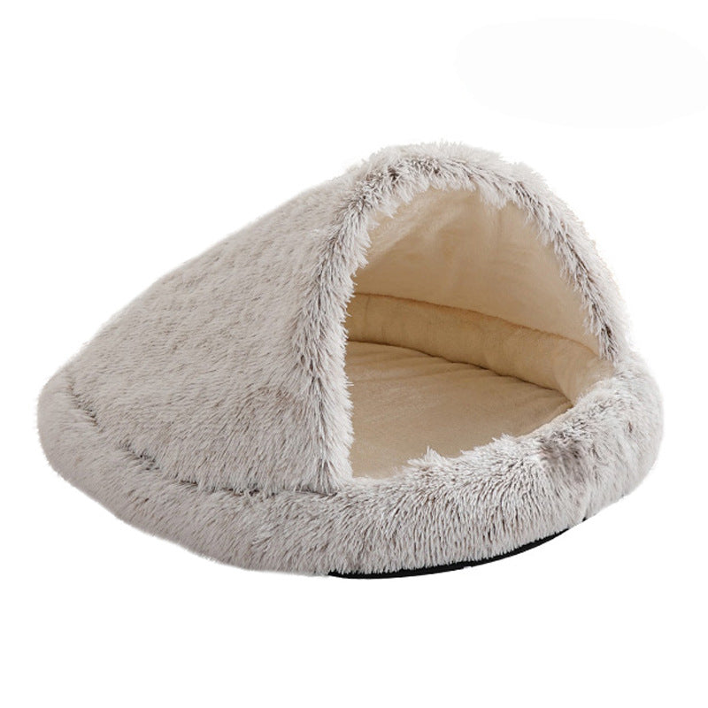 Furry Semi-Enclosed Hooded Dog Calming Bed-Beige