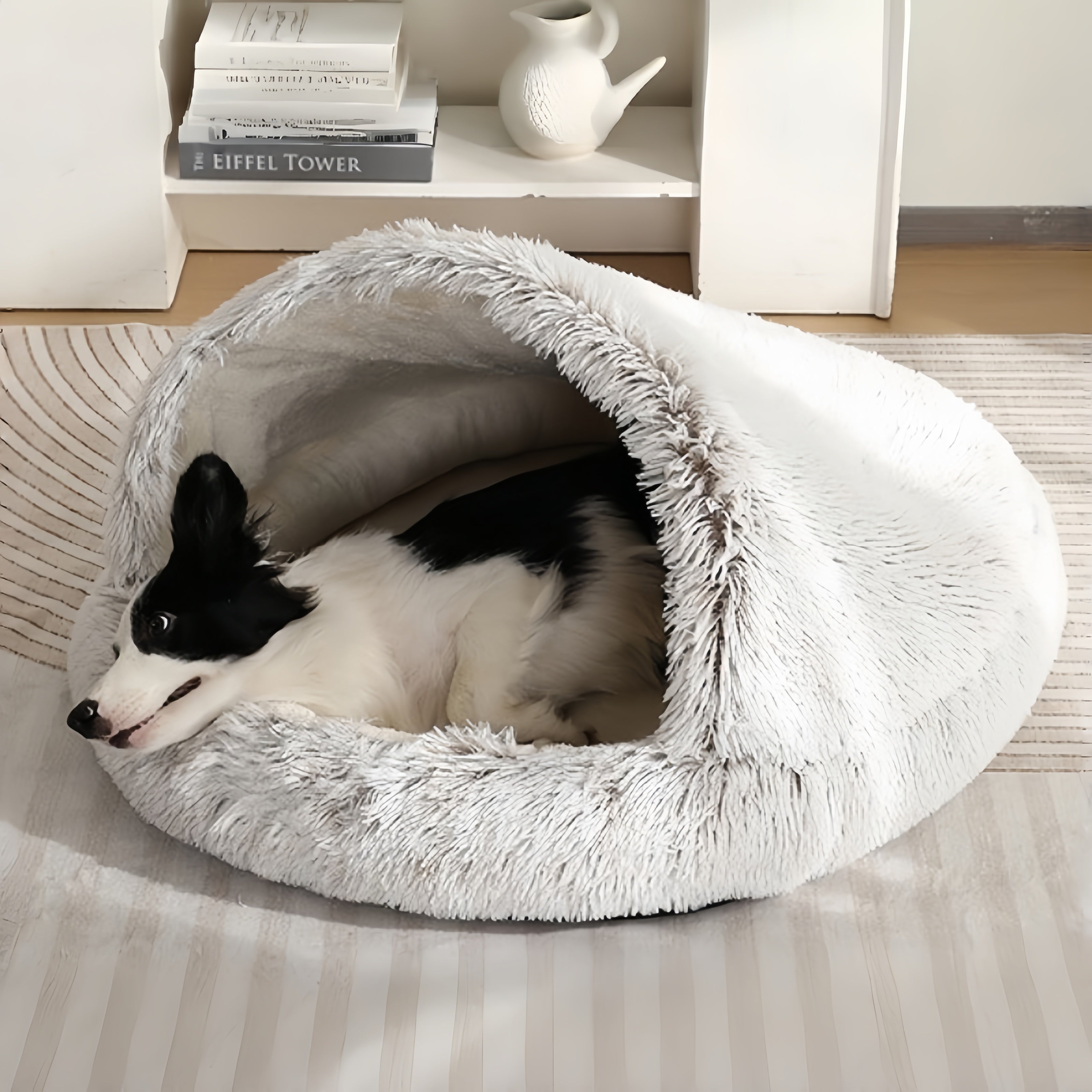 Furry Semi-Enclosed Hooded Dog Calming Bed-Beige
