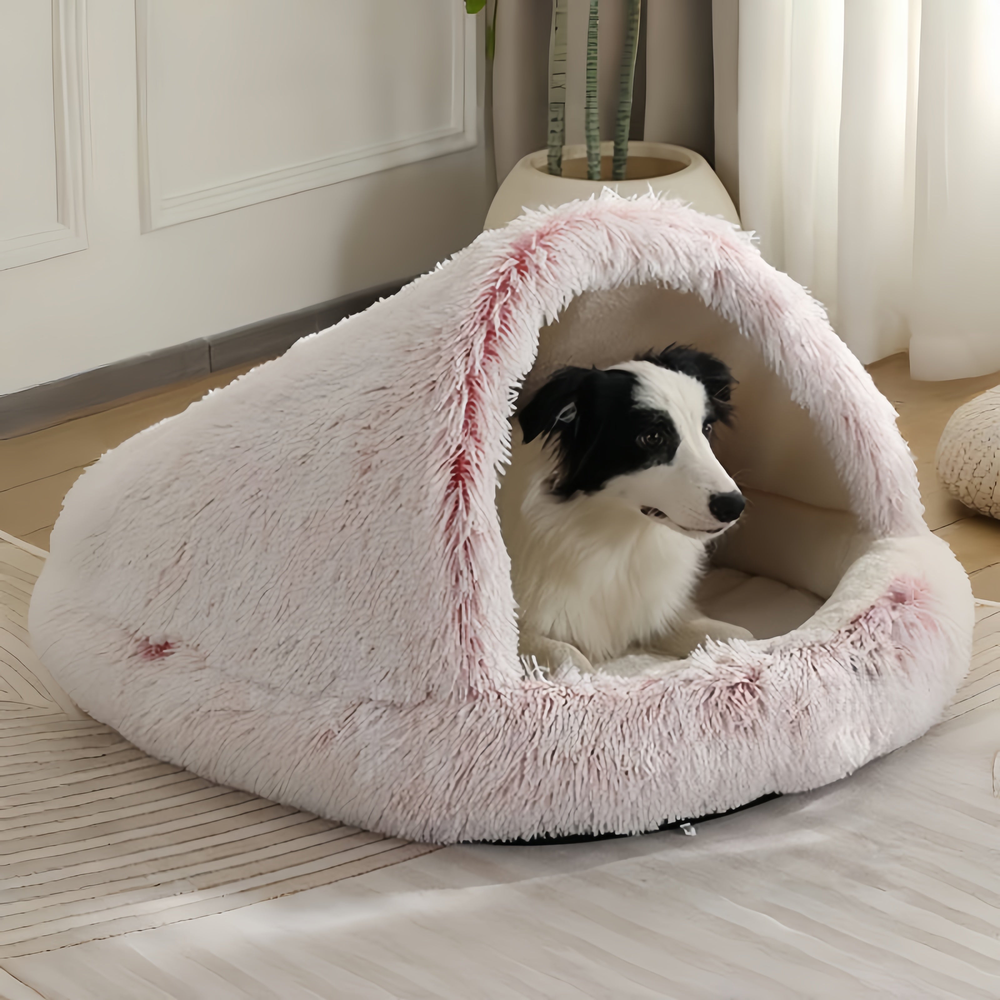 Furry Semi-Enclosed Hooded Dog Calming Bed-Pink