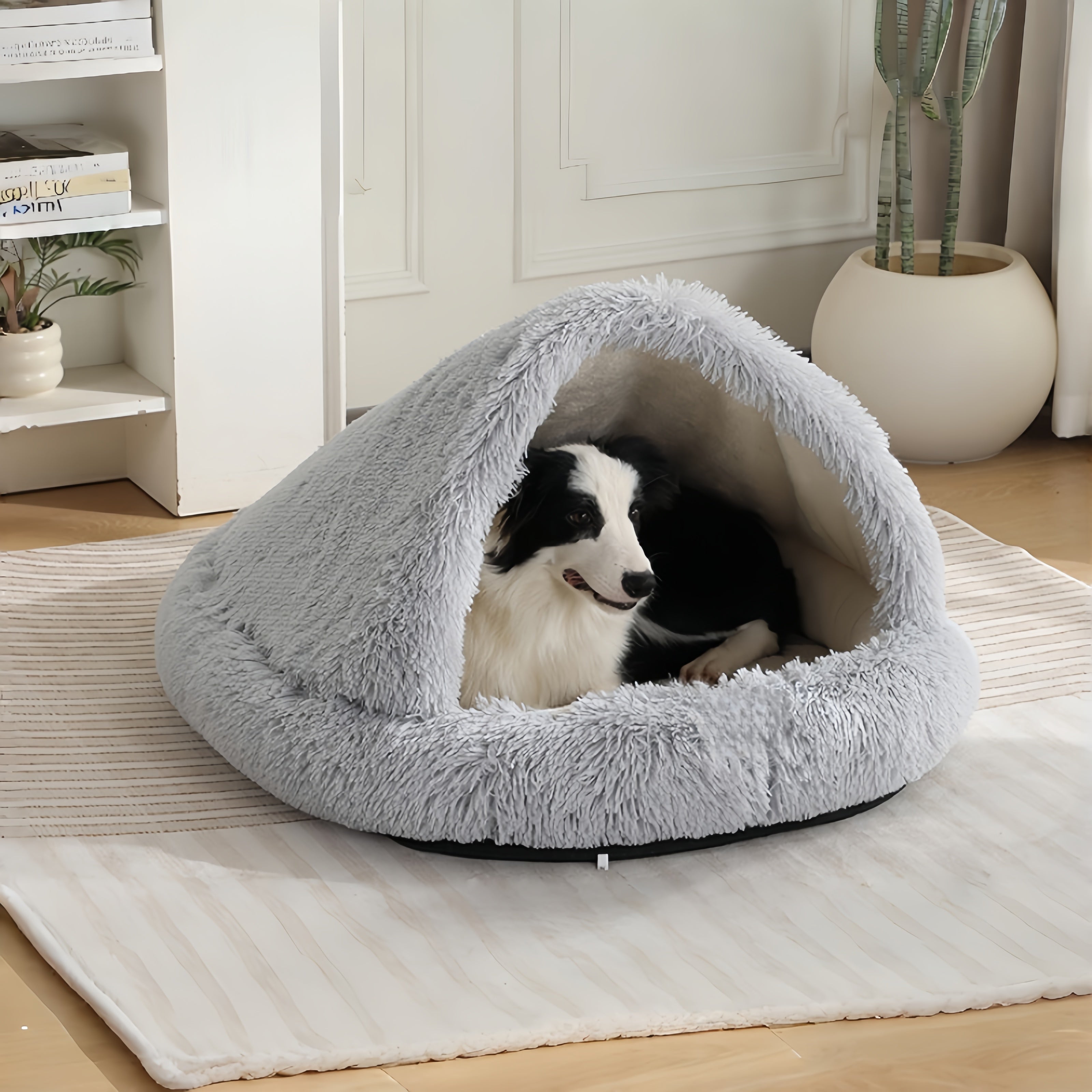 Furry Semi-Enclosed Dog Calming Bed-Light Grey