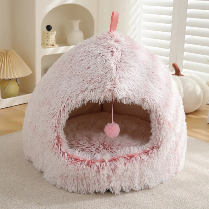 Long Plush Warm Hideaway Cat Cave Dog Bed