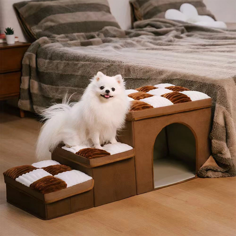 Multifunctional and Foldable Plaid Dog Stairs with Storage