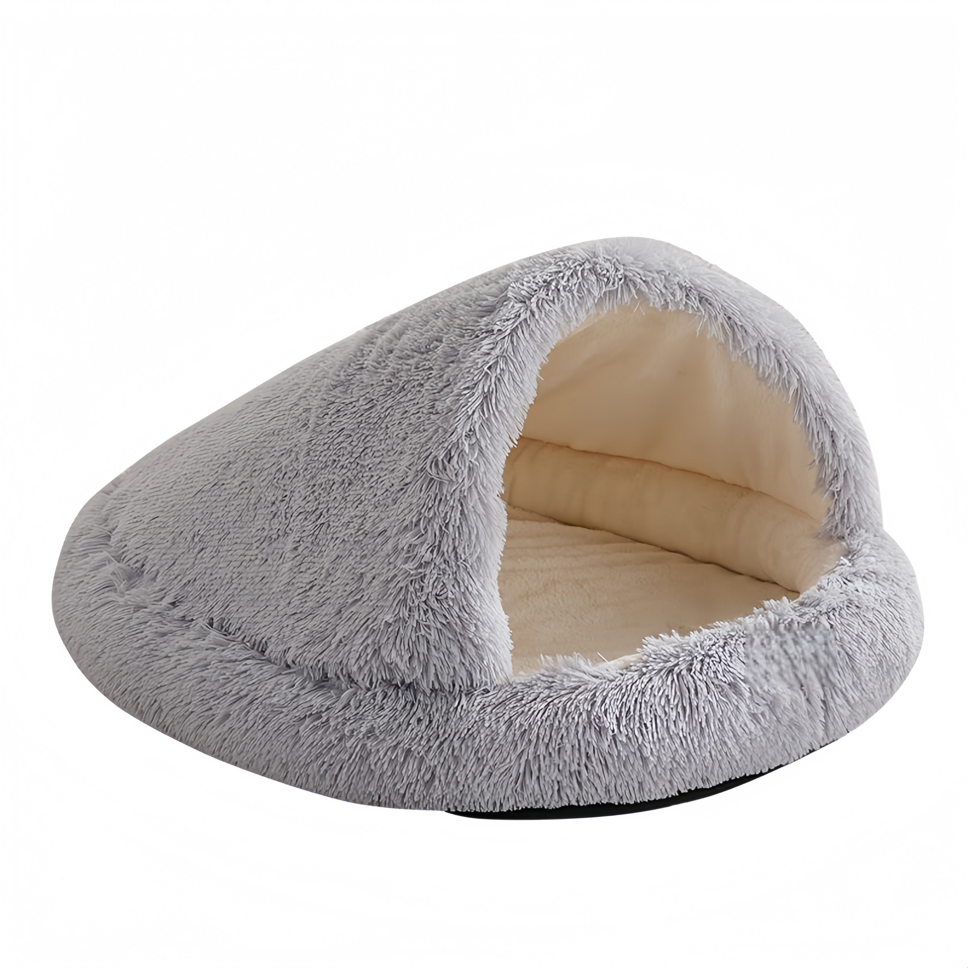 Furry Semi-Enclosed Dog Calming Bed-Light Grey