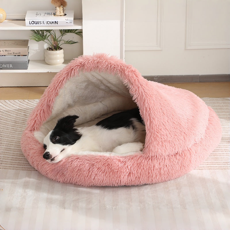 Furry Semi-Enclosed Hooded Dog Calming Bed-Peach Pink