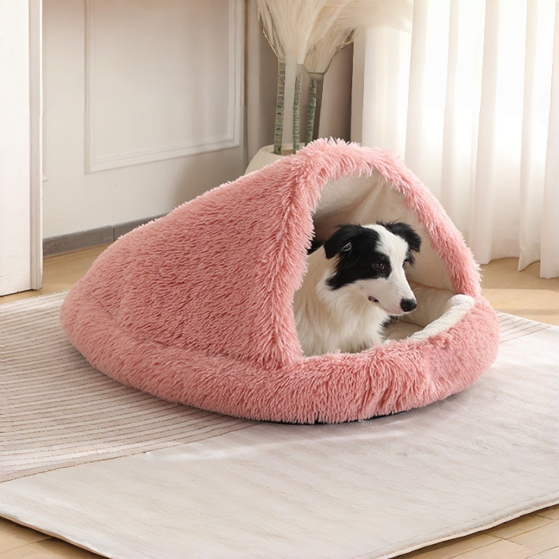 Furry Semi-Enclosed Hooded Dog Calming Bed-Peach Pink