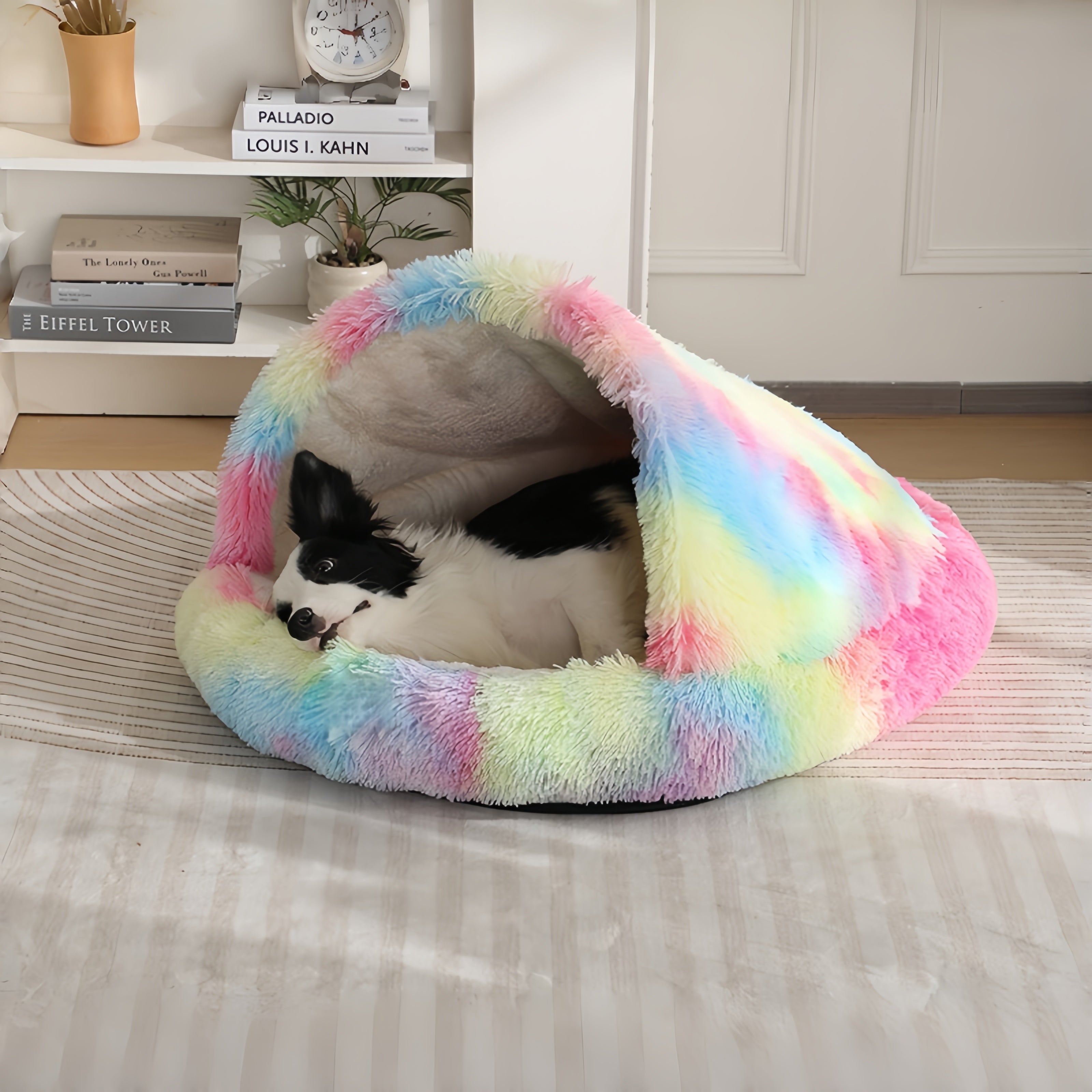 Furry Semi-Enclosed Hooded Dog Calming Bed-Rainbow
