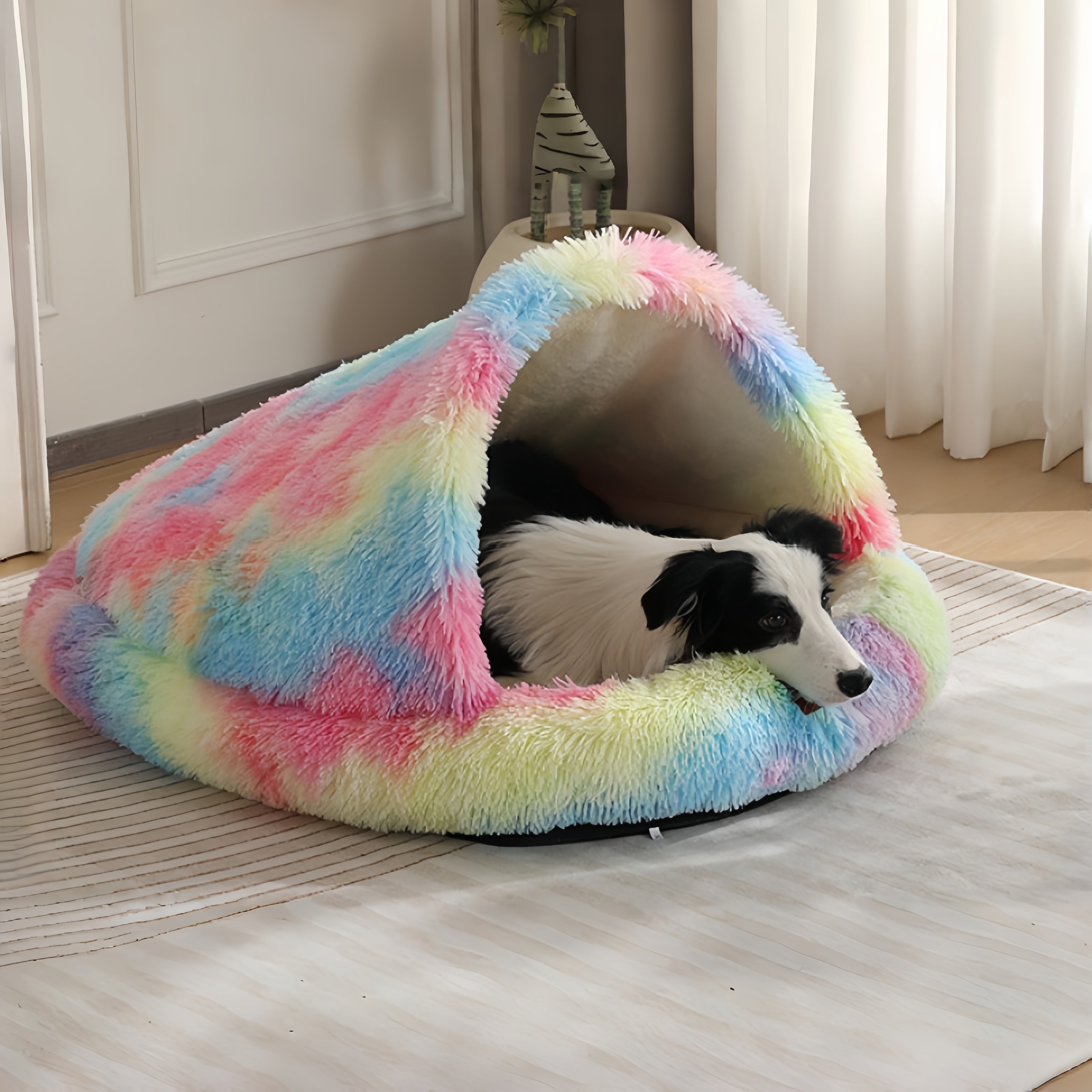 Furry Semi-Enclosed Hooded Dog Calming Bed-Rainbow