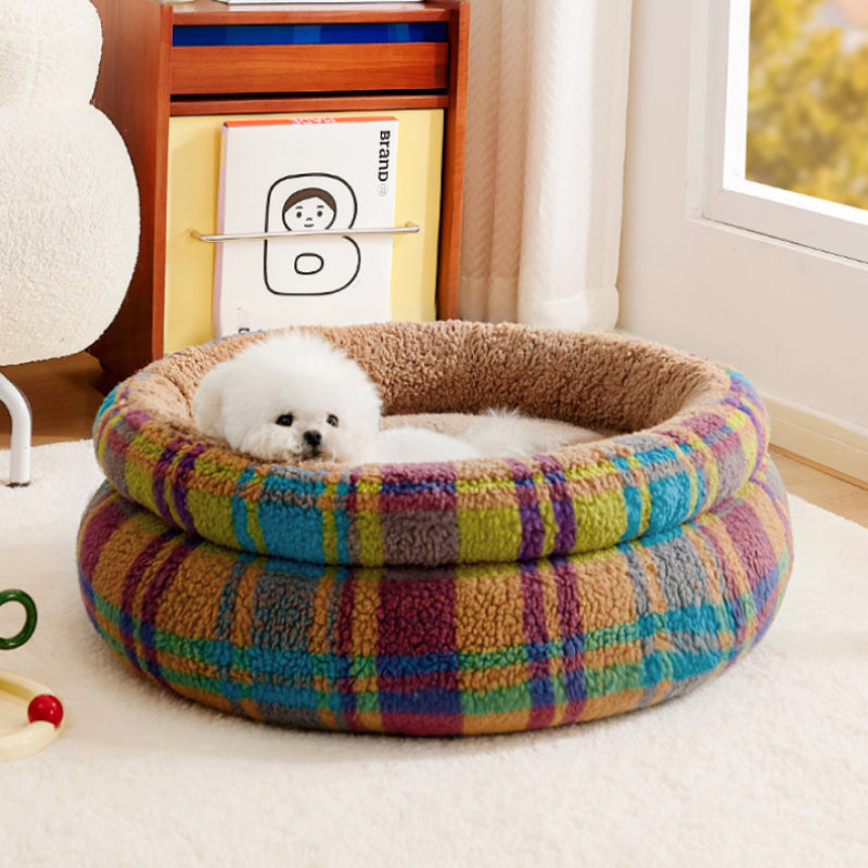 Vintage Plaid  Faux Lambswool Round Pet Bed