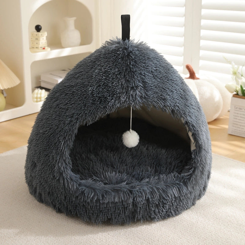 Long Plush Warm Hideaway Cat Cave Dog Bed