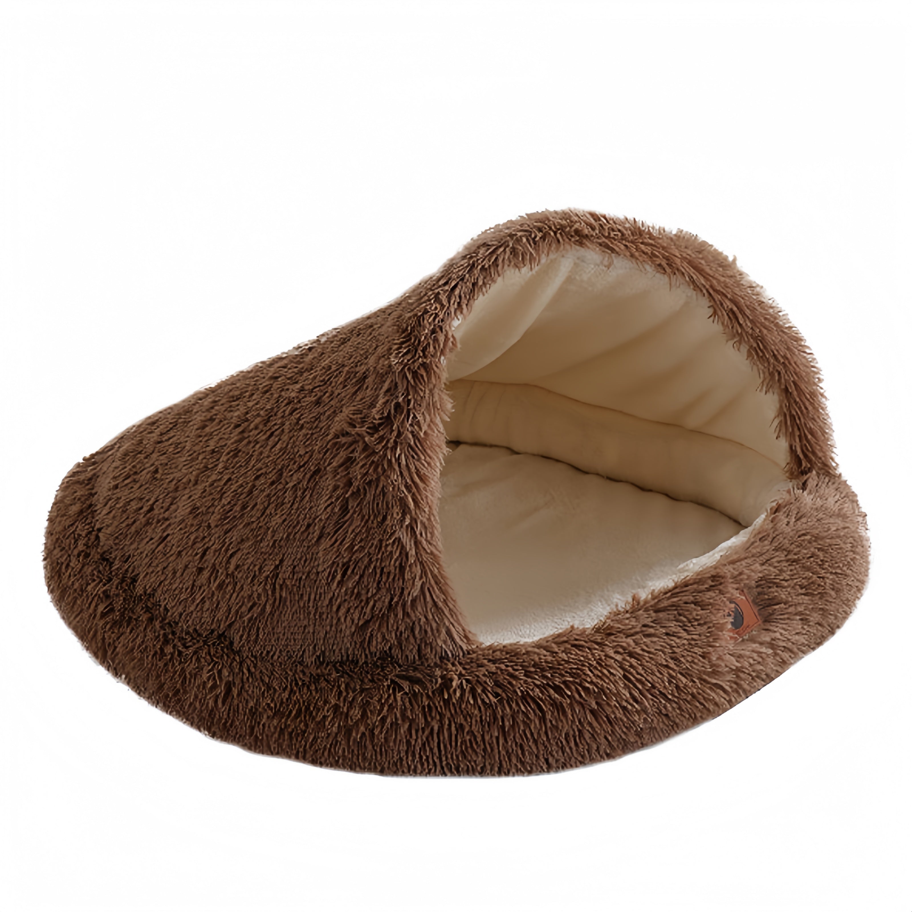 Furry Semi-Enclosed Hooded Dog Calming Bed-Dark Brown