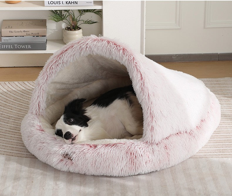 Furry Semi-Enclosed Dog Calming Bed-Pink