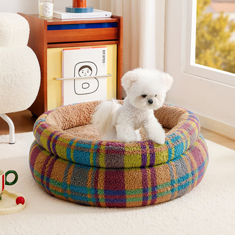 Vintage Plaid  Faux Lambswool Round Pet Bed