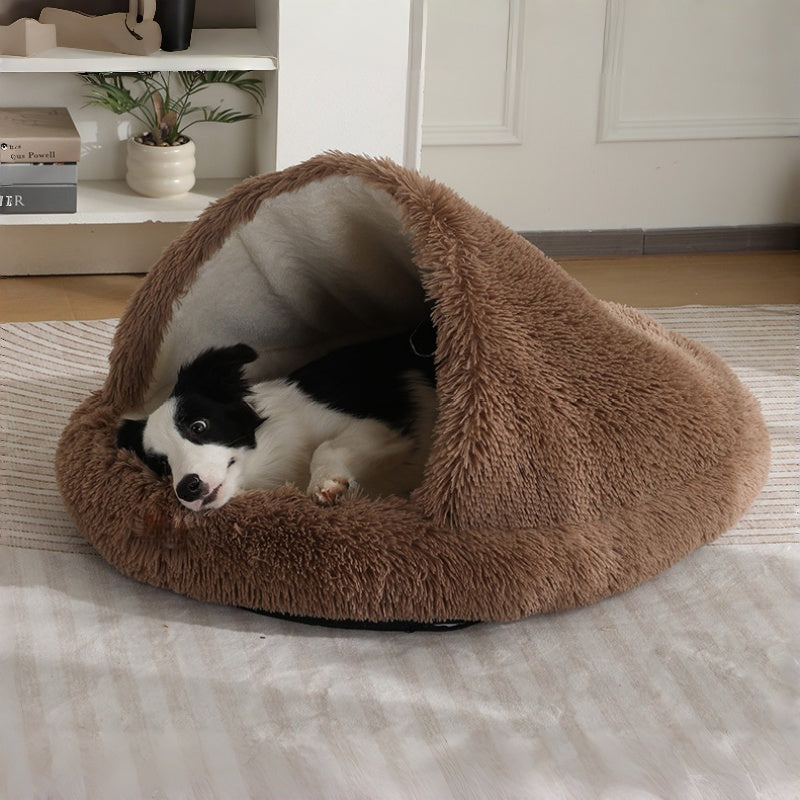 Furry Semi-Enclosed Hooded Dog Calming Bed-Dark Brown