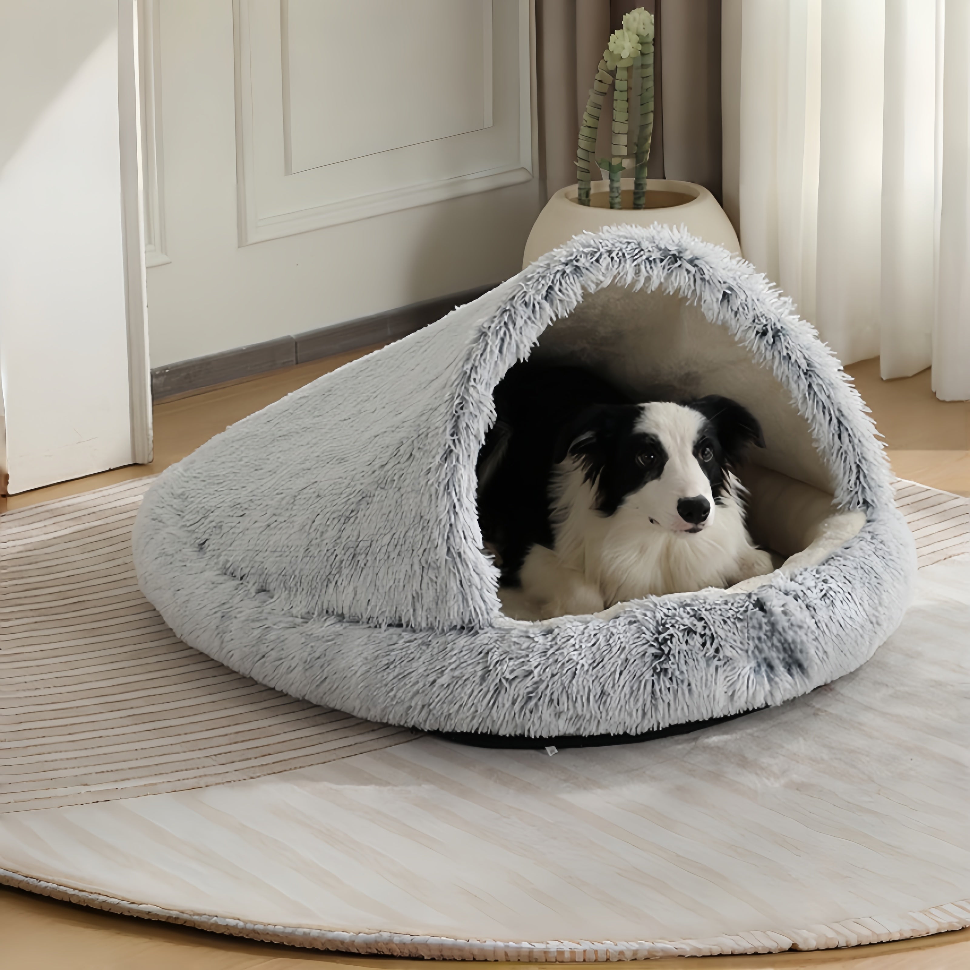 Furry Semi-Enclosed Dog Calming Bed-Grey