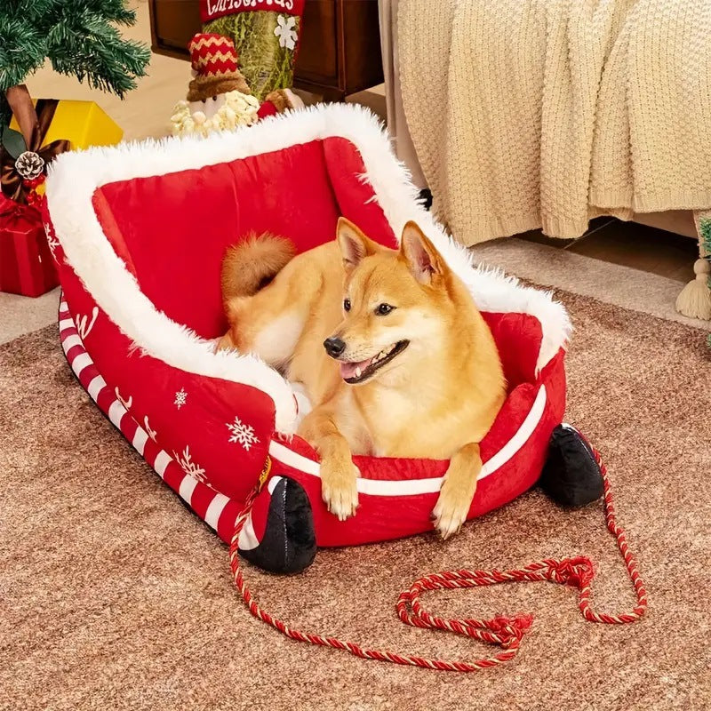 Christmas Sleigh Cozy Dog Bed-Red
