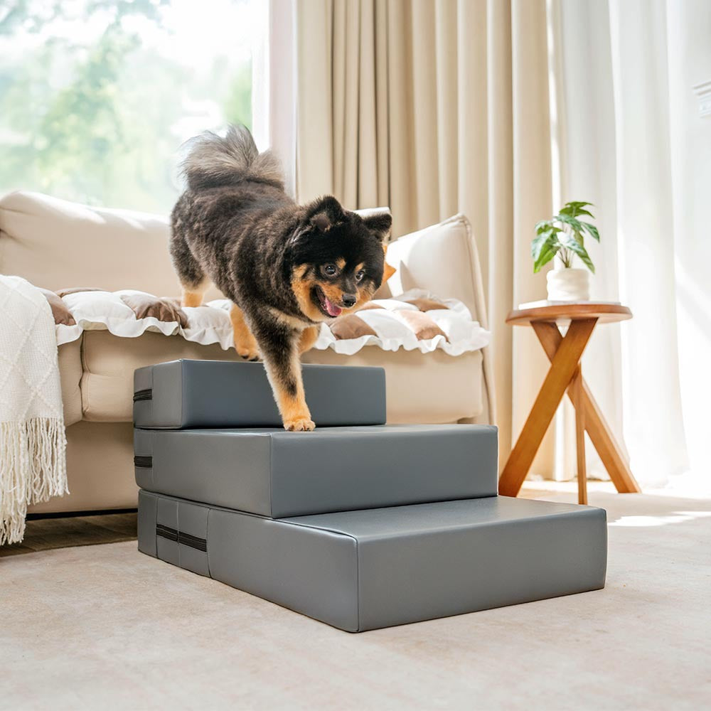 Waterproof PU Leather Multi-Tier Pet Stairs-Light Grey