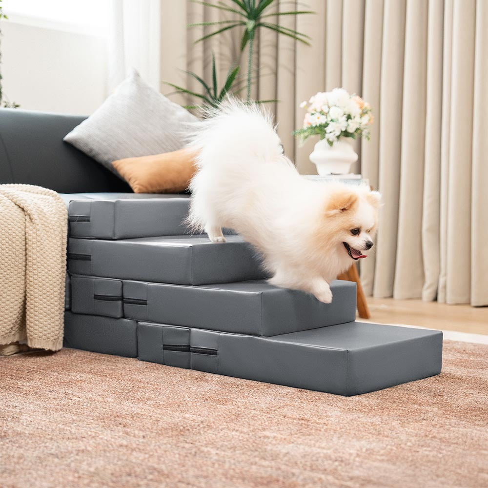 Waterproof PU Leather Multi-Tier Pet Stairs-Light Grey