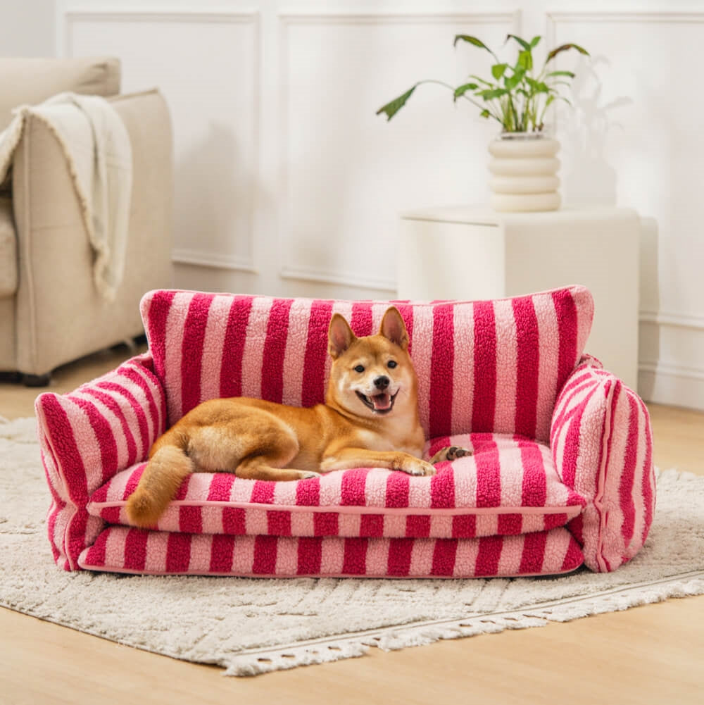 Pink Strip Faux Lambswool Pet Sofa Bed