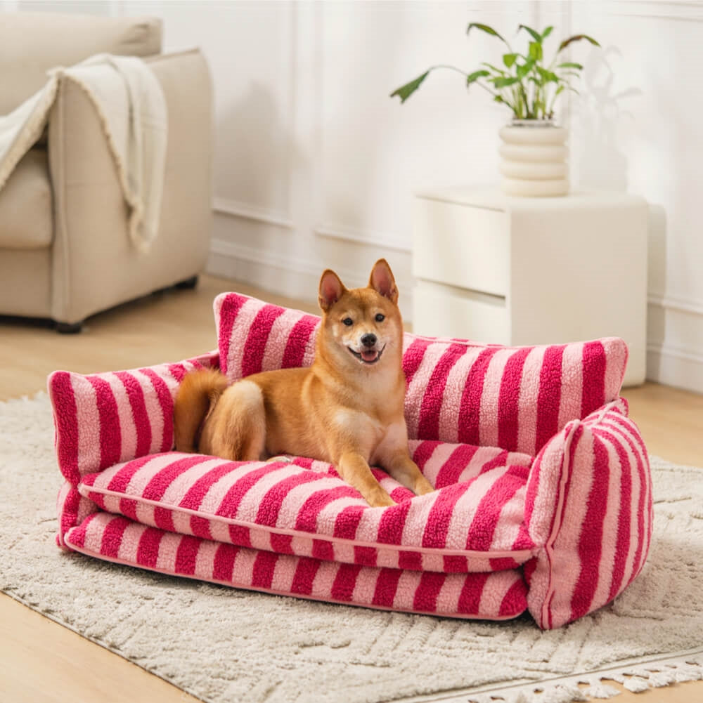 Pink Strip Faux Lambswool Pet Sofa Bed