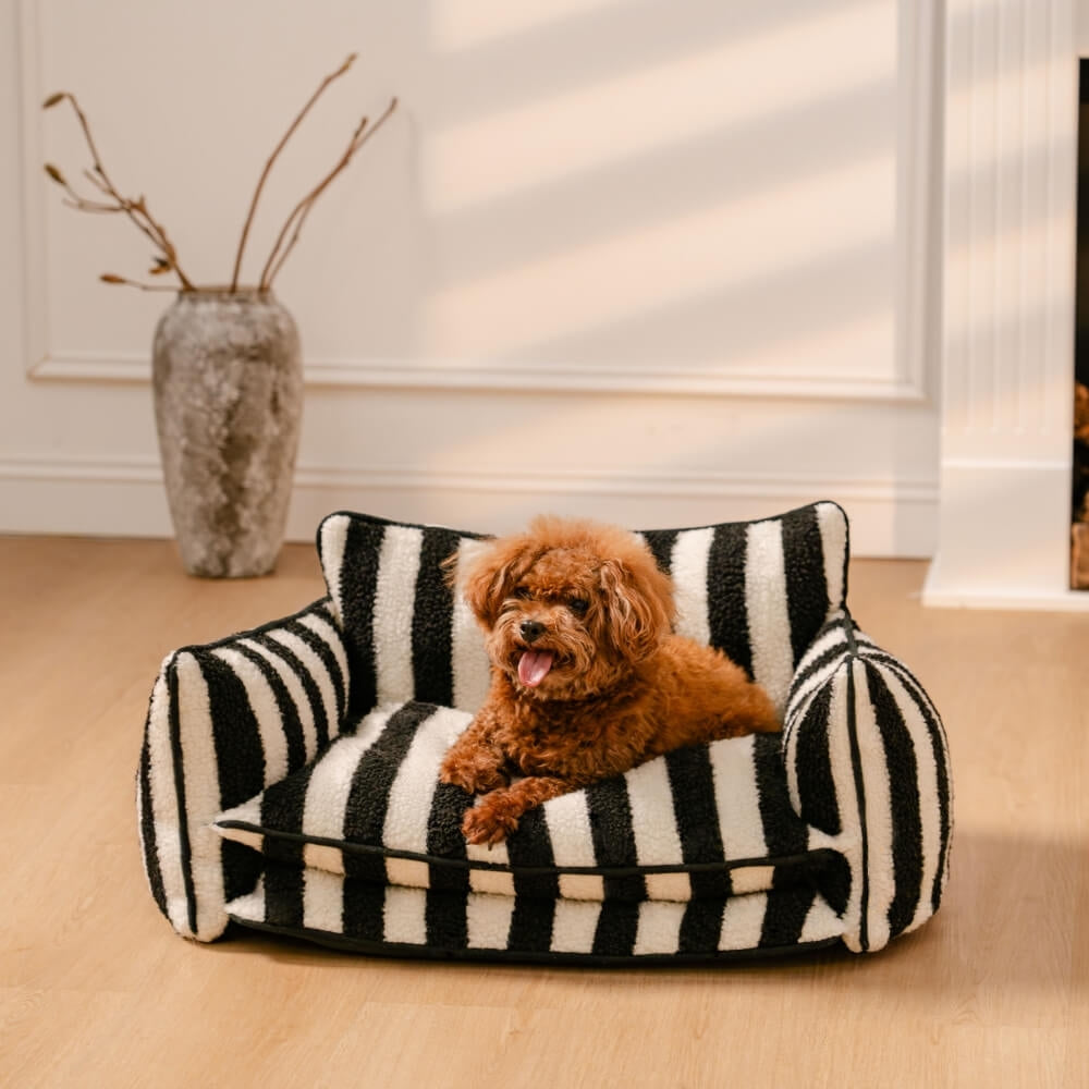 Black and White Strip Faux Lambswool Pet Sofa Bed