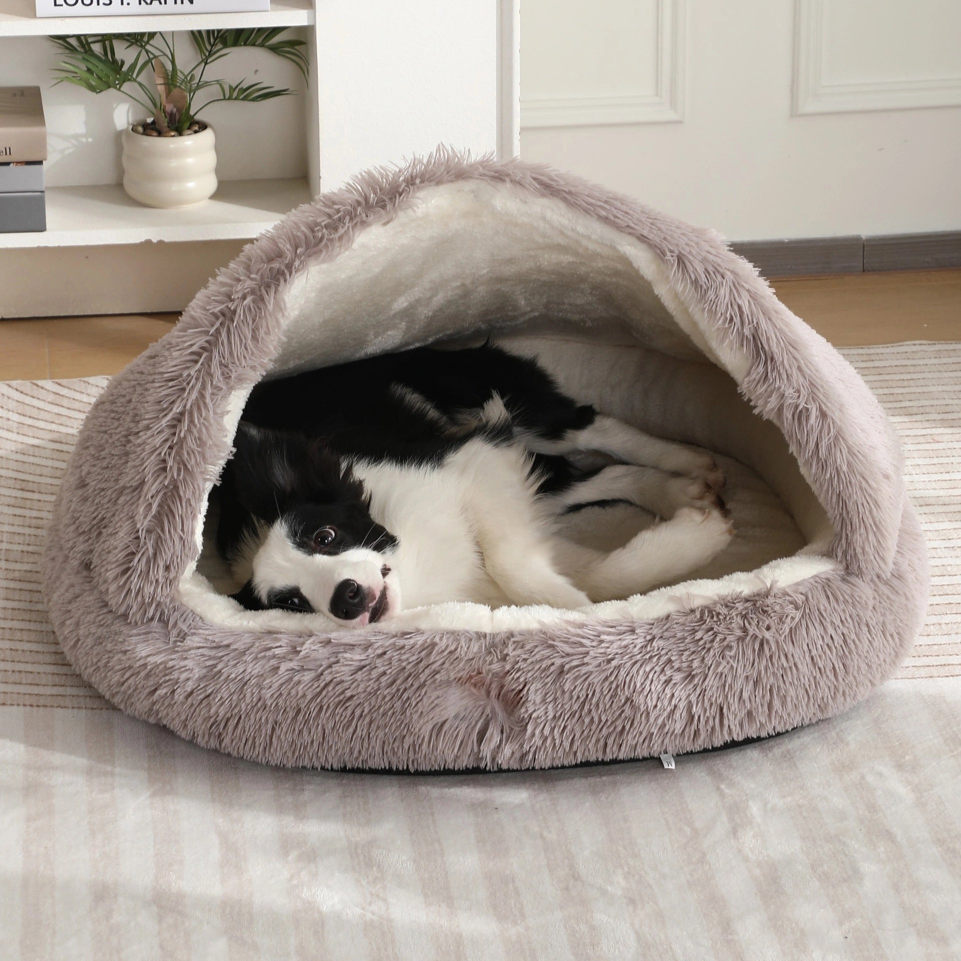 Furry Semi-Enclosed Dog Calming Bed-Brown
